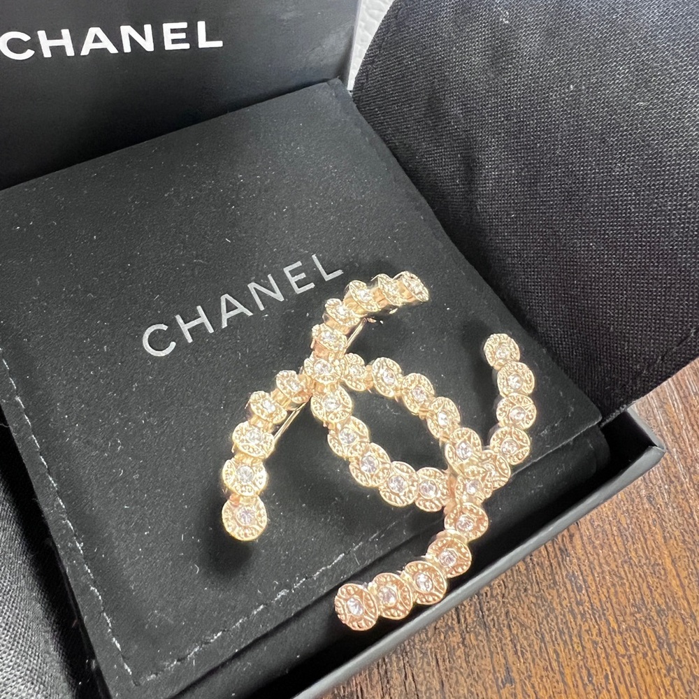 Chanel Gold Crystal CC Logo Brooch